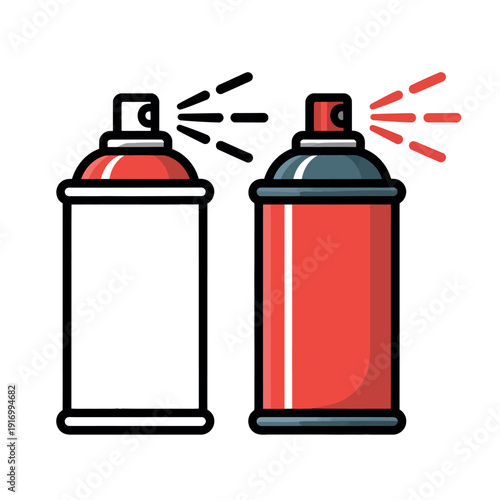 A graphic illustration of two spray paint cans with one spraying red paint and the other empty and ready for use.