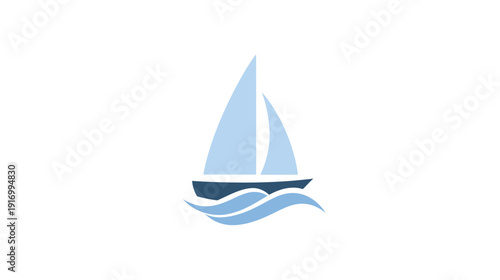 Stylized sailboat graphic featuring pale blue sails, dark blue hull, and water, against a white backdrop