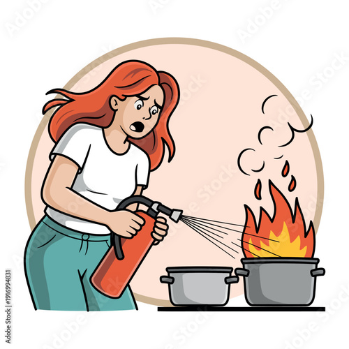 A cartoon woman using a fire extinguisher to put out a pot of flames on the stove.