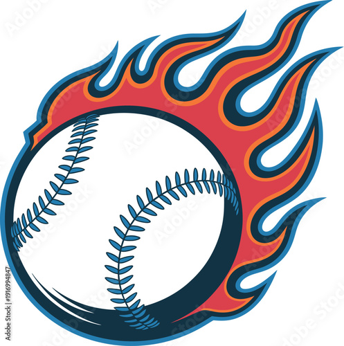 A baseball surrounded by vibrant flames, symbolizing speed and energy in a dynamic sports illustration.