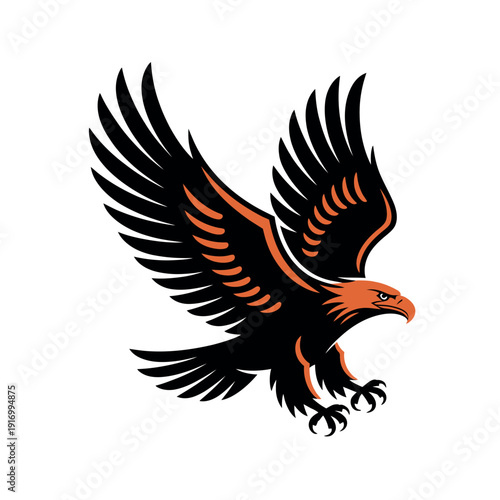 A stylized illustration of an eagle in flight with outstretched wings and sharp talons.