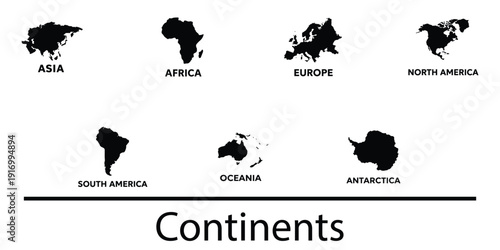 Black and white vector map silhouettes of world continents Asia Africa Europe North America South America Oceania Antarctica with text labels