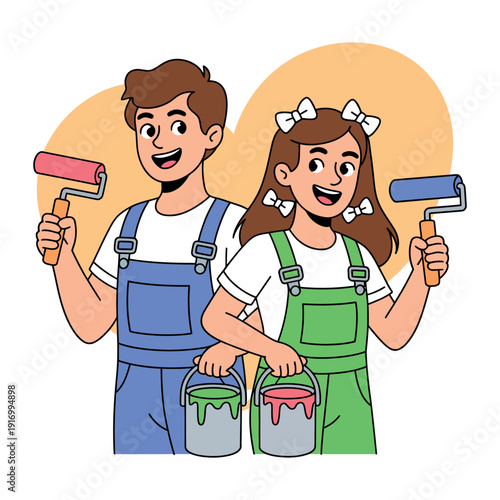 A smiling man and woman in overalls holding paint rollers and buckets of paint