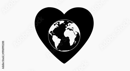 A black heart shape with the silhouette of a globe inside.