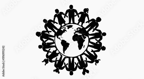 Silhouette of a group of people standing around the globe.