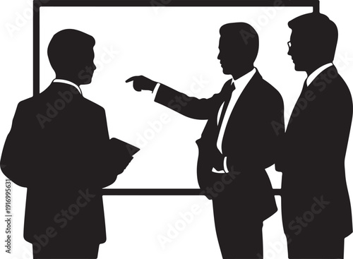 Four men in suits pointing at a whiteboard businessmen