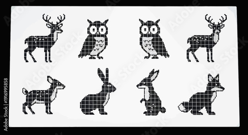 Pixelated wildlife deer owls rabbits and fox illustrations on white background