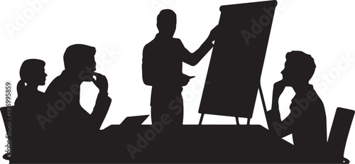 Four people in silhouette presenting at a meeting with a flip chart