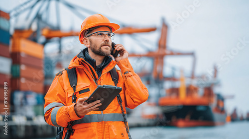 A man in orange safety gear speaking on a phone at a port.