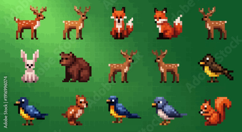 Pixelated forest animals deer fox rabbit bear birds and squirrels on green