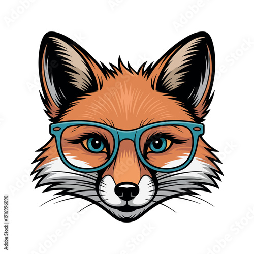 A cartoon fox wearing blue glasses and looking directly at the viewer with a curious expression