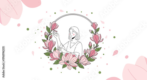Woman in Floral Wreath, Magnolia Blossoms, Spring Illustration, Line Art