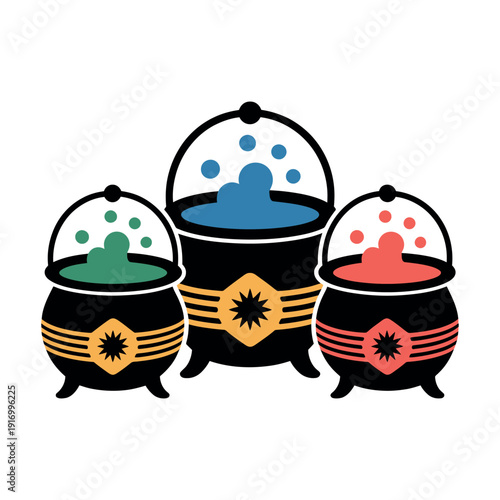 Three colorful cauldrons with bubbling liquids inside