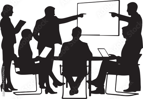 Group of people discussing with presentation boards and laptop