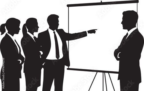 Group of people discussing presentation on whiteboard