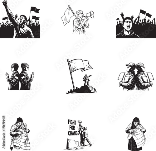 Protestors with flags, demonstration, activism, social movement vector