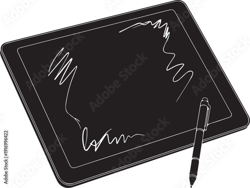 Digital drawing tablet with stylus on white background