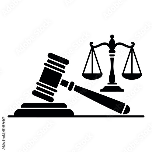 A black silhouette of a gavel and scales of justice on a white background