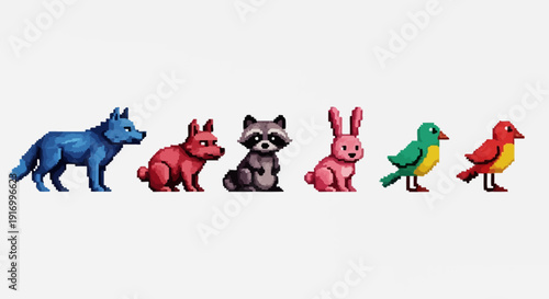 Pixelated animals collection vibrant forest creatures on white background