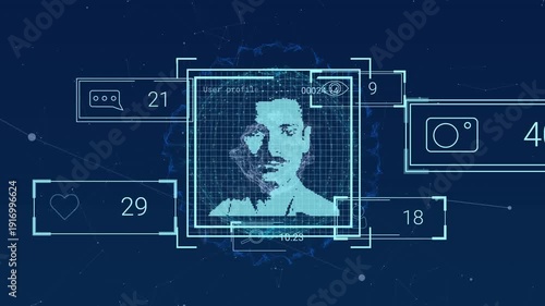 Animation of data processing and people icons over blue background