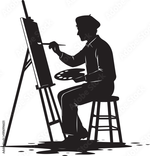 Artist painting on canvas with brush and palette