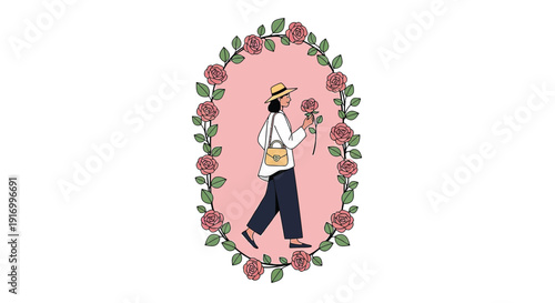 Woman in Hat with Roses Walking in Floral Oval Frame, Spring Summer Vibe
