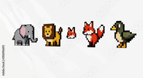 Pixelated animals illustration elephant lion fox duck vector art design