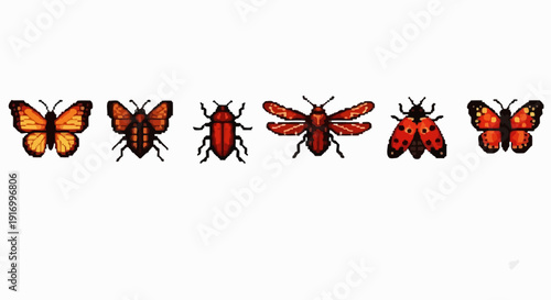 Various insects and butterflies pixel art on white background