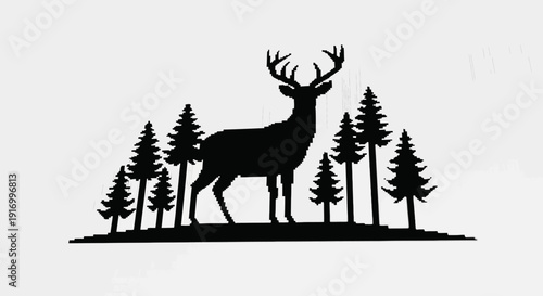 Silhouette of a deer standing amidst pine trees against a white background