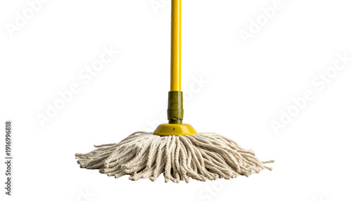 A clean-cut image of a mop, featuring a yellow handle, white mop head, and black background