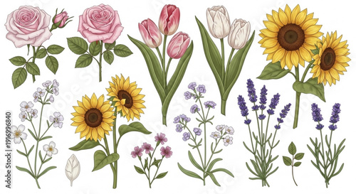A colorful vector illustration of various flowers including roses, sunflowers, tulips, and lavender on transparent background