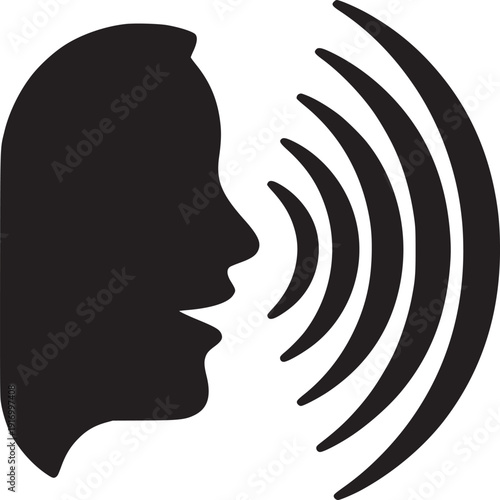 A black and white graphic of a person speaking with sound waves emanating from their mouth design