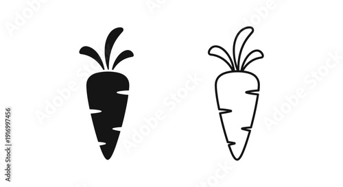 Two black and white carrot drawings with leaves on top, simple and minimalistic Vector