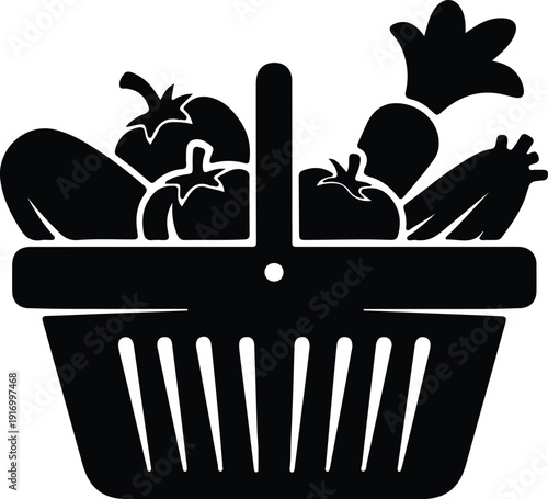 silhouette grocery market basket with organic farm produce vector design