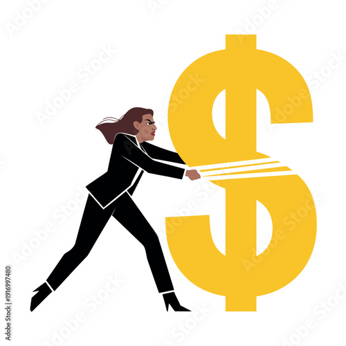 A determined businesswoman pushing a large dollar sign, symbolizing financial growth and success.
