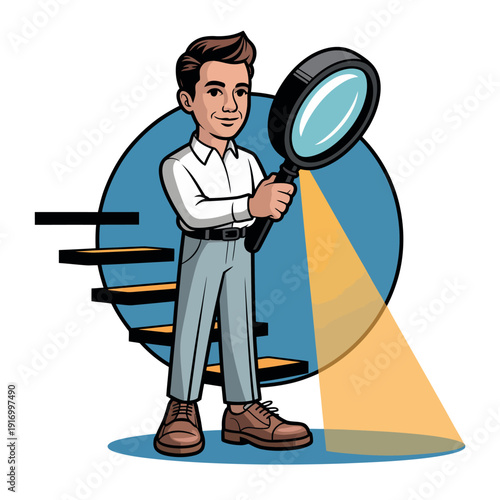 A cartoon man holding a magnifying glass in front of a blue circle with stairs