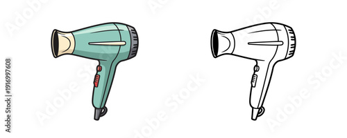 Hair dryer in colored and black outline linear style featuring turquoise body and red buttons for hair styling or professional salon on white background
