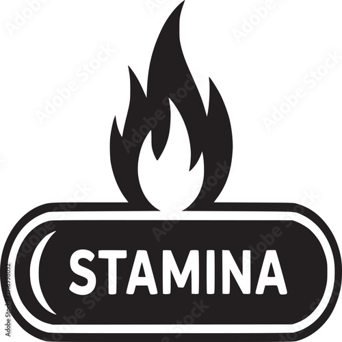 Stamina icon with flame above the text inside a rounded rectangle in black and white simple design