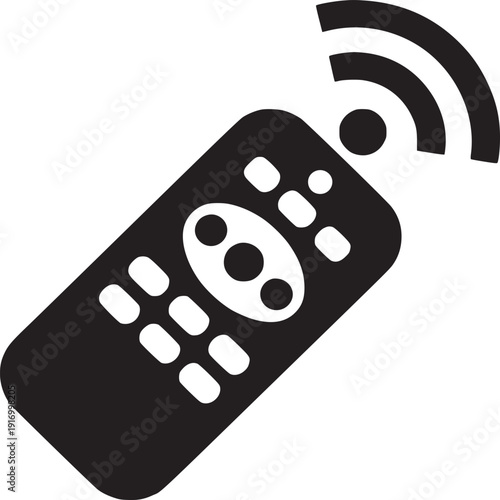 A black and white graphic of a remote control with signal waves emanating from the top right corner