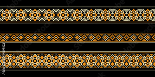 Set of ethnic orange and yellow patterns isolated on black. Traditional geometrical ornament. Vyshyvanka. Cross stitch. Embroidery. Seamless pattern in vector