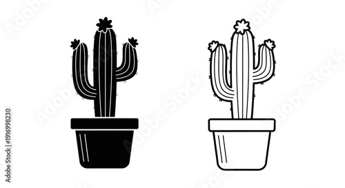 Cactus plant illustration in a pot, minimalist line art design Vector