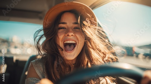 Joyful young caucasian female driving with sun hat and windblown hair.