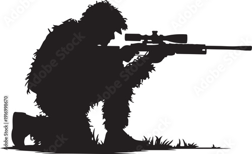 Silhouette of a sniper in camouflage aiming a rifle with scope