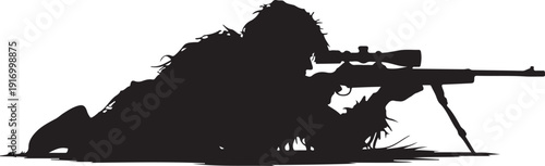 Silhouette of a sniper lying prone with a rifle camouflage