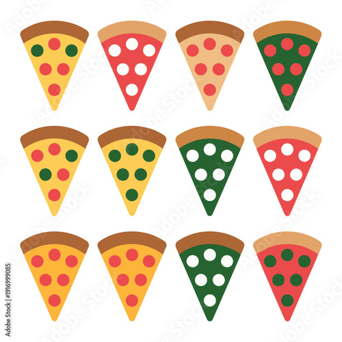 A colorful illustration of various pizza slices arranged neatly