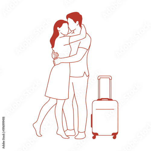 A romantic couple embracing next to a suitcase, symbolizing love and travel.