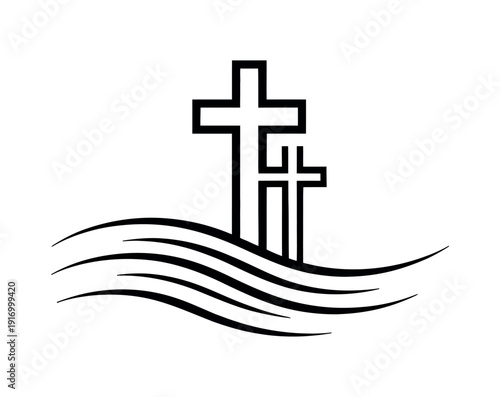 A symbolic illustration of three crosses standing in water, representing faith and spirituality.