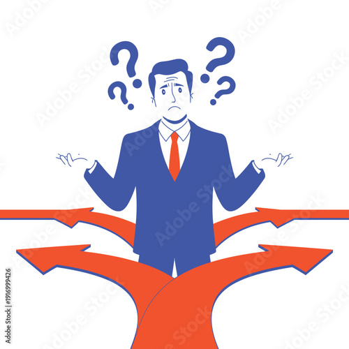 A confused businessman stands at a crossroads with question marks above his head