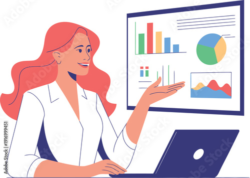 A woman presenting colorful graphs and charts on a screen in a modern office setting