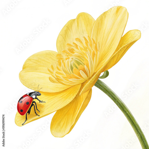 A ladybug is on a yellow flower